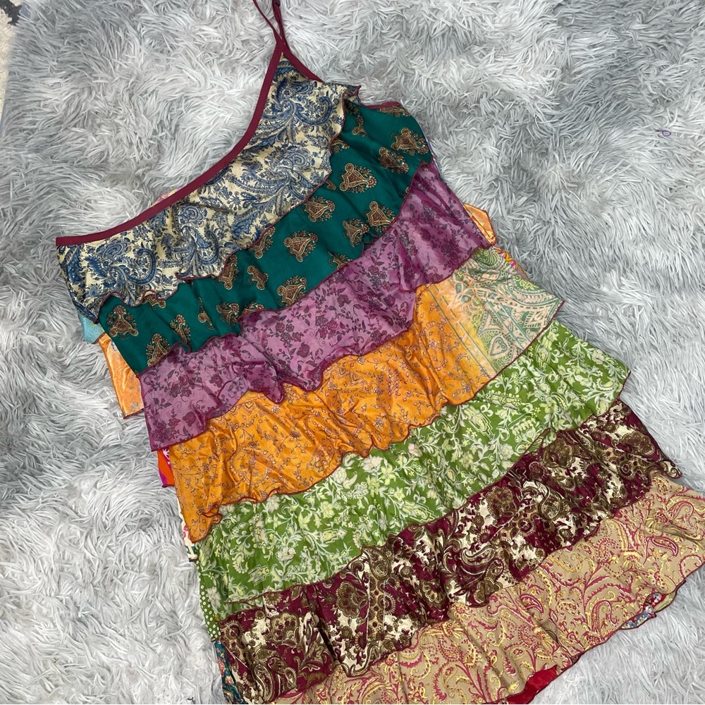 Silly Yeti Silk Boho Multicolor Mixed Print Ruffle Tiered Mini Dress One Shoulde - Picture 2 of 4